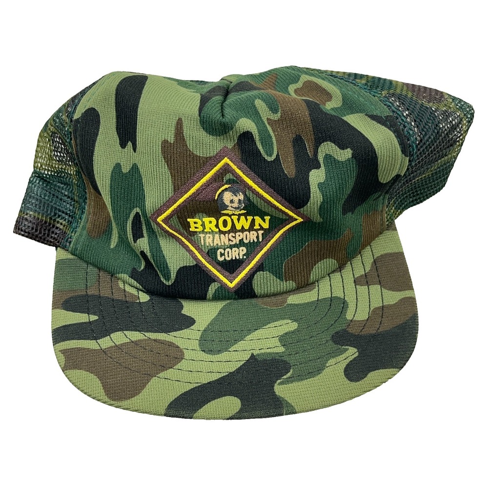 Vintage Brown Transport Trucker Hat Cap SnapBack Green Camo 90s USA Trucking